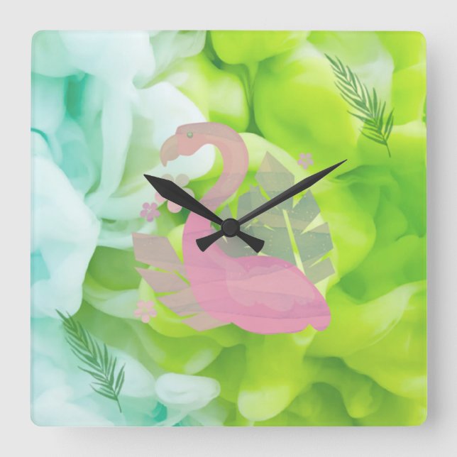 Tropical Flamingo and Palms Square Wall Clock (Front)