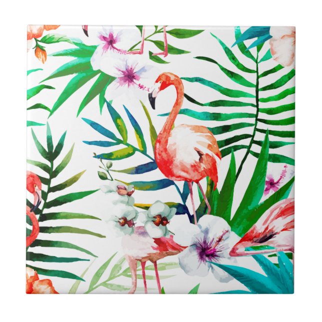 Tropical flamingo art ceramic tile (Front)