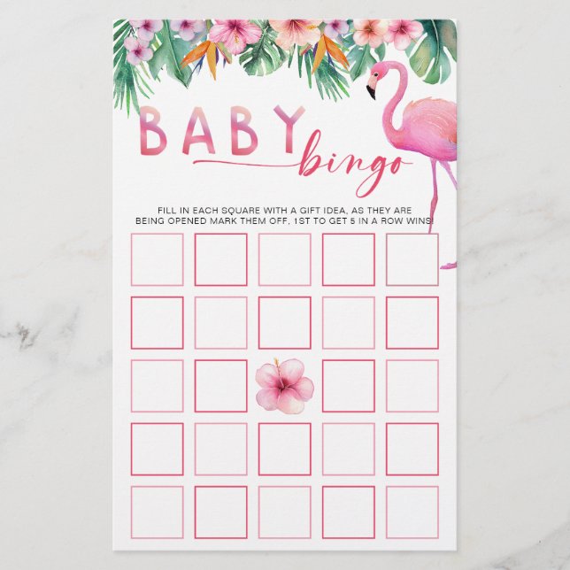 Tropical Flamingo Baby Shower Bingo Game Card (Front)