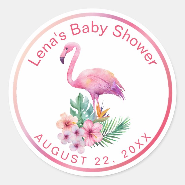 Tropical Flamingo Baby Shower Favour Sticker (Front)