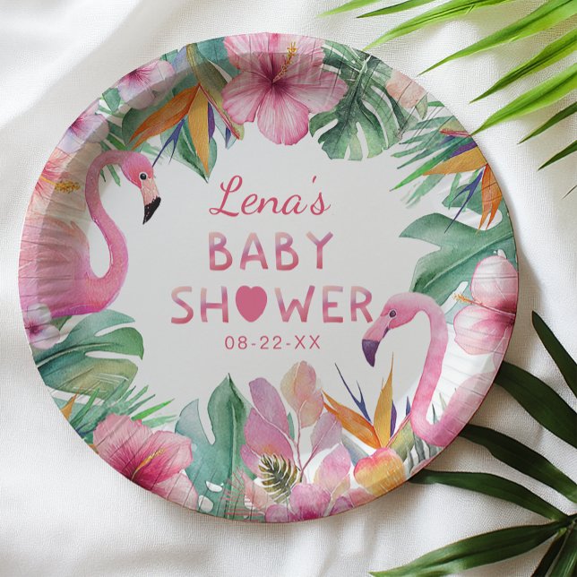 Tropical Flamingo Baby Shower Paper Plate (Tropical Baby Shower Paper Plates)