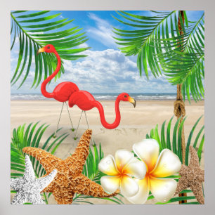 Tropical Flamingo Birds at the Beach Poster