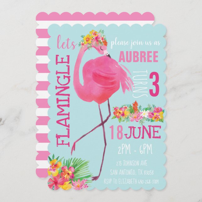 Tropical Flamingo Birthday Party Invitation Summer (Front/Back)
