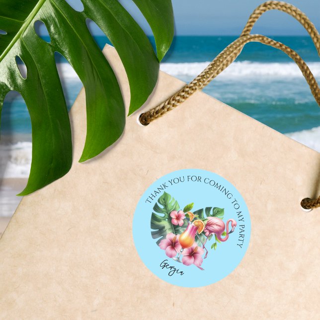 Tropical Flamingo Birthday Party Thank You Classic Round Sticker (Tropical Flamingo Birthday Party Thank You Stickers.  Add some tropical beach vibes to your party.)