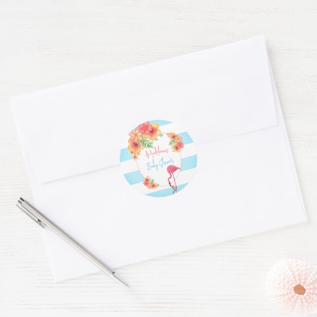 Tropical Flamingo  Blue Stripe Baby Shower Classic Round Sticker (Envelope)