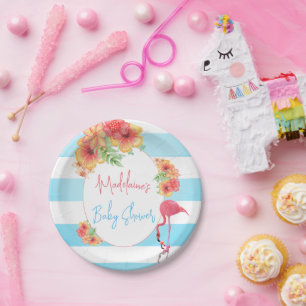 Tropical Flamingo  Blue Stripe Baby Shower Paper Plate