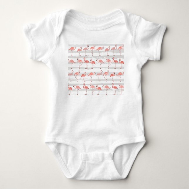 Tropical Flamingo Blue Stripes Pattern Baby Bodysuit (Front)