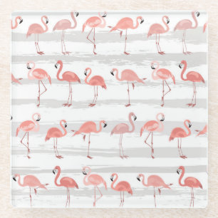 Tropical Flamingo Blue Stripes Pattern Glass Coaster