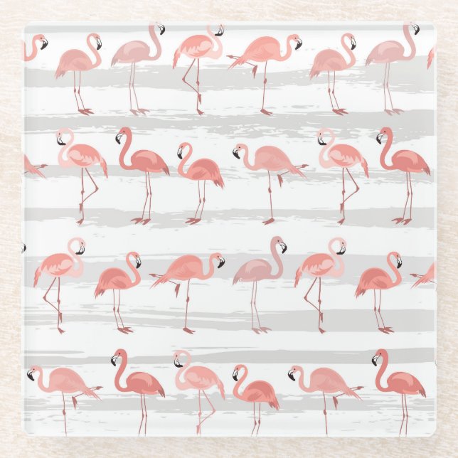 Tropical Flamingo Blue Stripes Pattern Glass Coaster (Front)