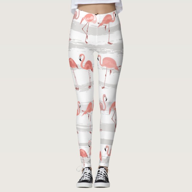 Tropical Flamingo Blue Stripes Pattern Leggings (Front)