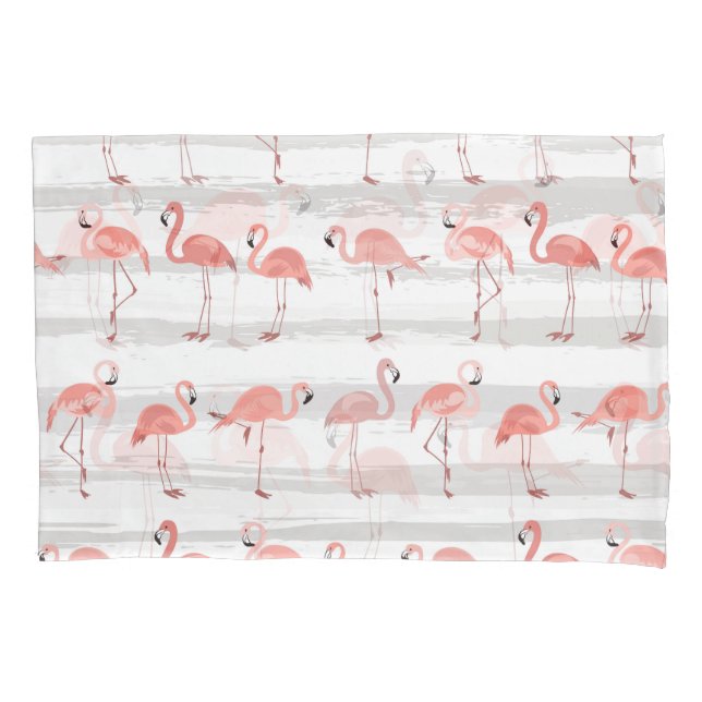 Tropical Flamingo Blue Stripes Pattern Pillowcase (Front)