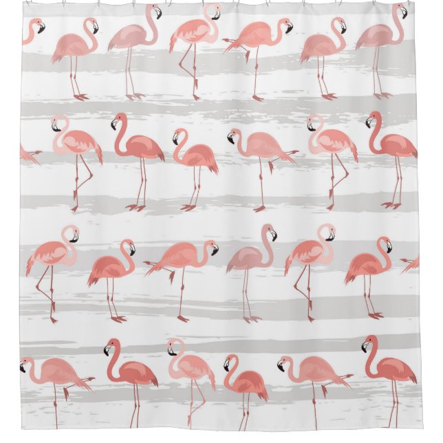 Tropical Flamingo Blue Stripes Pattern Shower Curtain (Front)