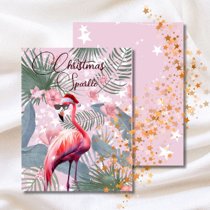 Tropical Flamingo Christmas Sparkle Holiday Santa Card