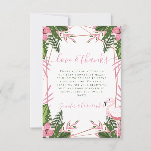 Tropical Flamingo Couple's Baby Shower Thank You Card (Front)