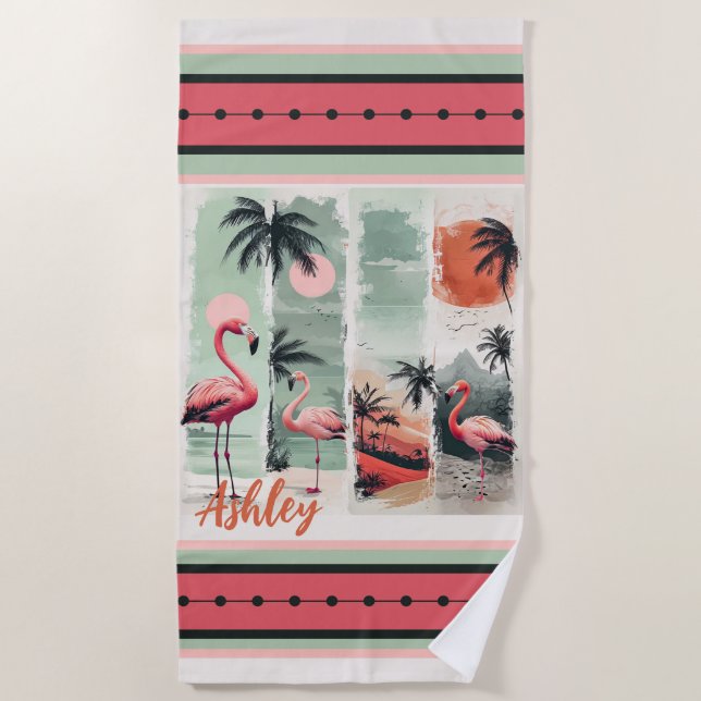 Tropical Flamingo Escape Beach Towel (Front)
