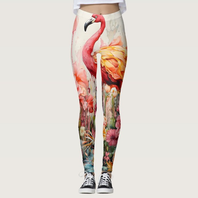 Tropical Flamingo Fantasy Paradise Bloom Leggings (Front)
