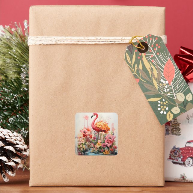 Tropical Flamingo Fantasy Paradise Bloom Square Sticker (Holiday)