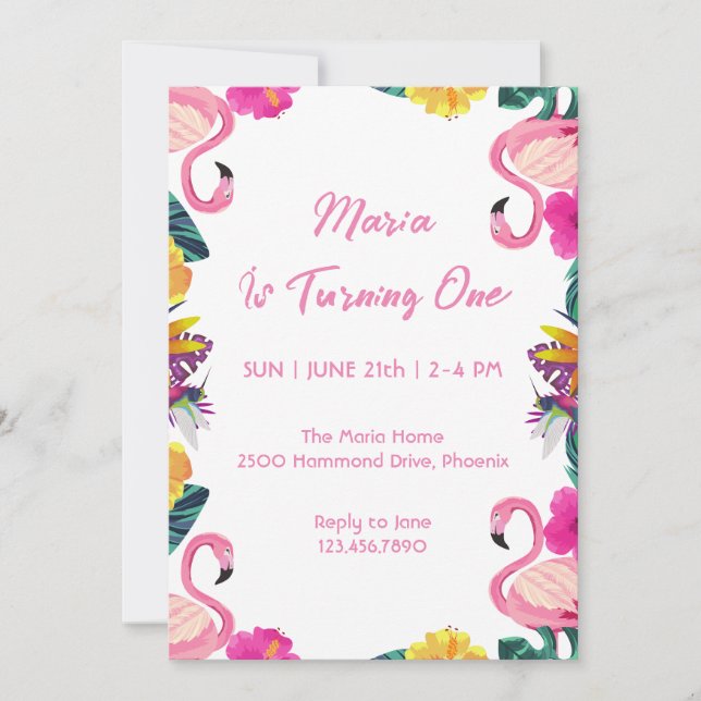 Tropical Flamingo First Birthday Invitation (Front)