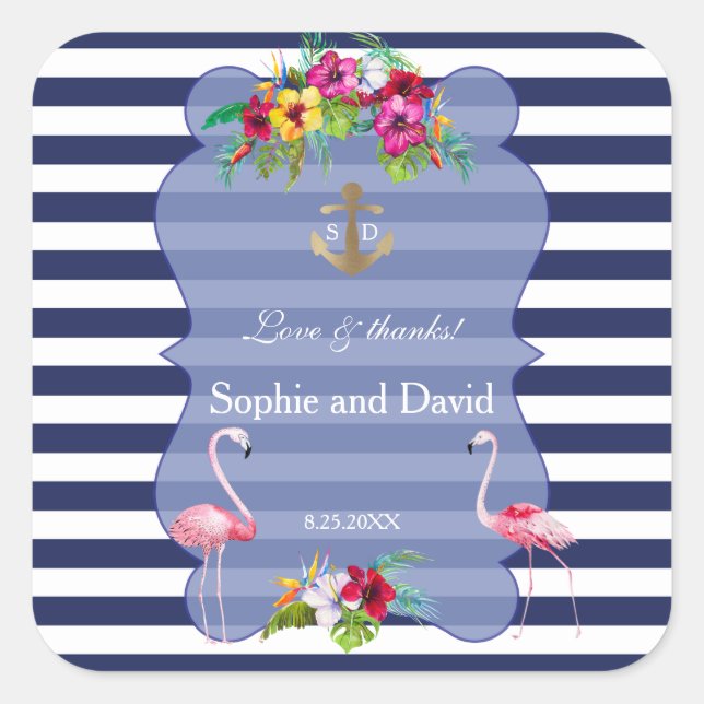 Tropical Flamingo Floral Luau Navy Stripes Wedding Square Sticker (Front)
