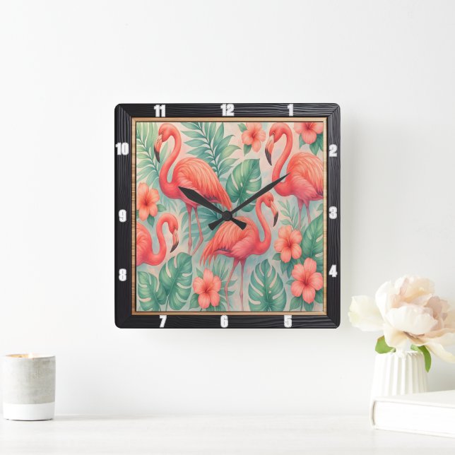 Tropical Flamingo Floral  Square Wall Clock (Home)