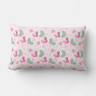 Tropical Flamingo Flowers Leaf Pattern Light Pink Lumbar Cushion