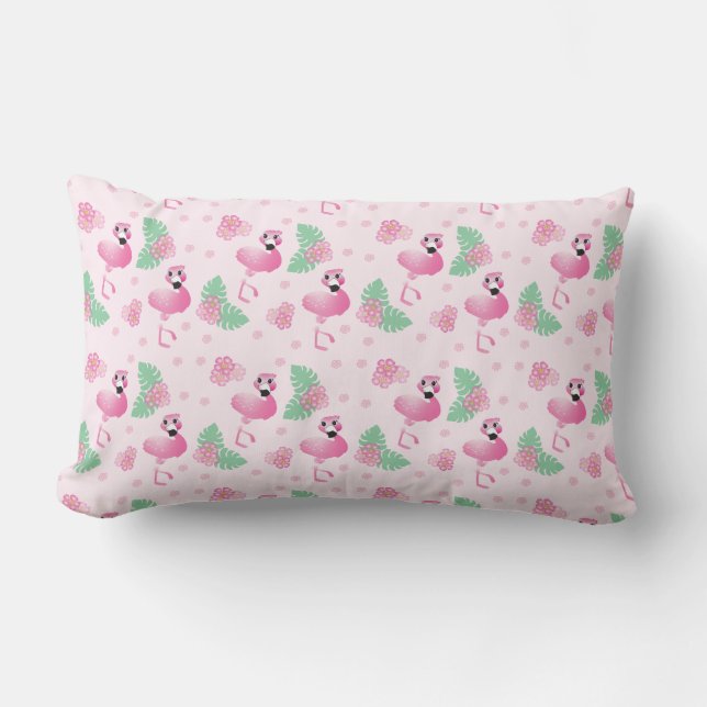 Tropical Flamingo Flowers Leaf Pattern Light Pink Lumbar Cushion (Front)