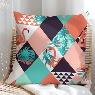 Tropical Flamingo Geometric Pattern (Coral & Teal) Cushion