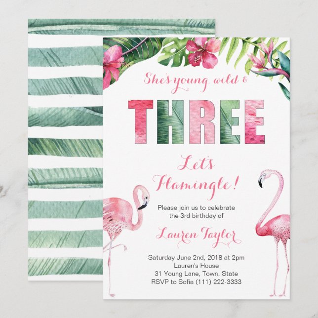 Tropical Flamingo Girl 3rd Birthday Party Invitation (Front/Back)