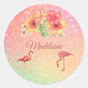 Tropical Flamingo Glitter Floral Personal Classic Round Sticker