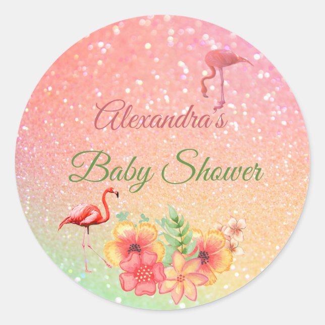 Tropical Flamingo  Glitter Pink Baby Shower Classic Round Sticker (Front)