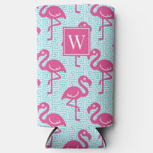Tropical Flamingo - Greek Key Hot Pink Monogram Seltzer Can Cooler