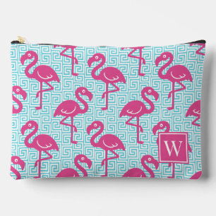 Tropical Flamingo - Greek Key Pink & Turq Monogram Accessory Pouch