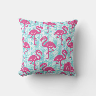 Tropical Flamingo Greek Key - Pink & Turq Monogram Cushion