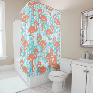 Tropical Flamingo - Greek Key Turquoise & Coral Shower Curtain