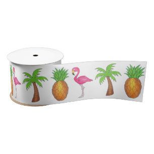 Tropical Flamingo Green Palm Tree Pineapple Island Satin Ribbon