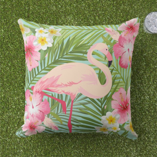 Tropical Flamingo Hibiscus Palm Aqua Cushion (Grass)