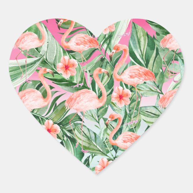 Tropical Flamingo Hibiscus Pink Mint Floral Heart Sticker (Front)