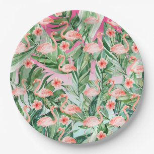 Tropical Flamingo Hibiscus Pink Mint Floral Paper Plate