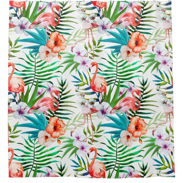 Tropical Flamingo Hibiscus Shower Curtain (Front)