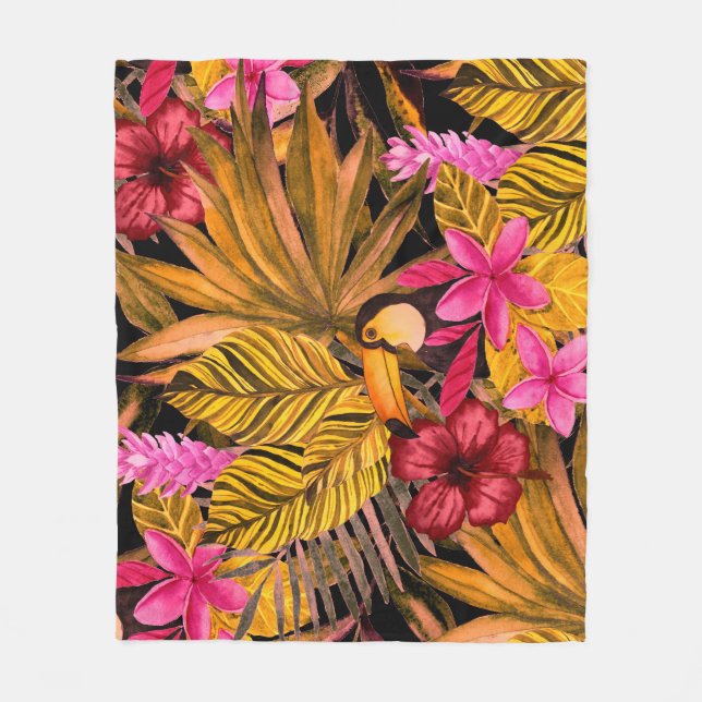 Tropical Flamingo: Hibiscus Summer Pattern Fleece Blanket (Front)