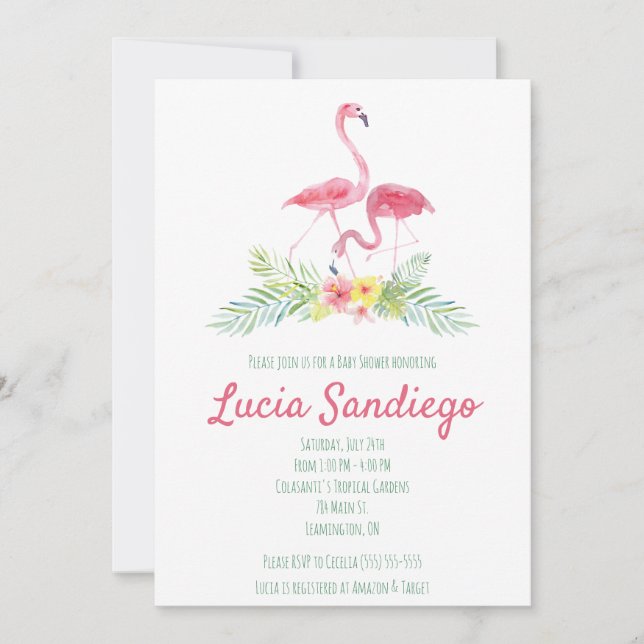 Tropical flamingo, hibiscus themed baby shower invitation (Front)