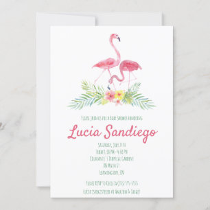 Tropical flamingo, hibiscus themed baby shower invitation
