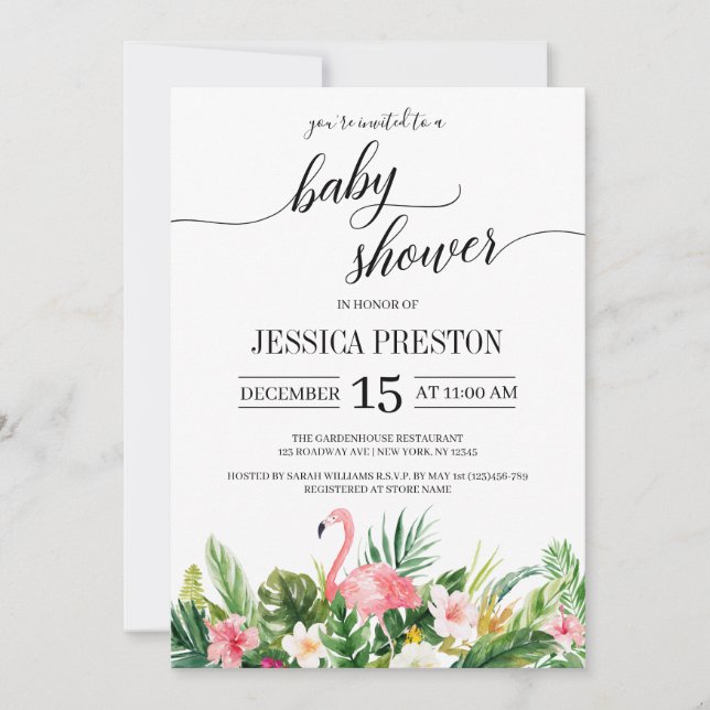 Tropical Flamingo Leaves Script Baby Shower Invitation (Front)