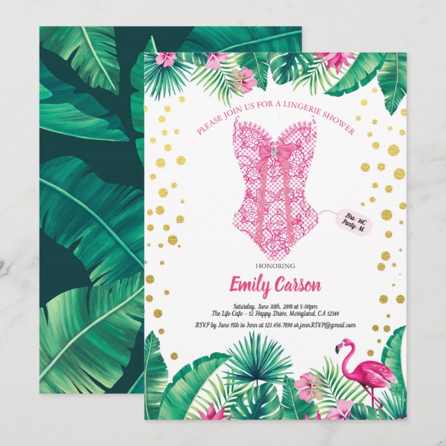 Tropical flamingo lingerie shower bridal party invitation (Front/Back)