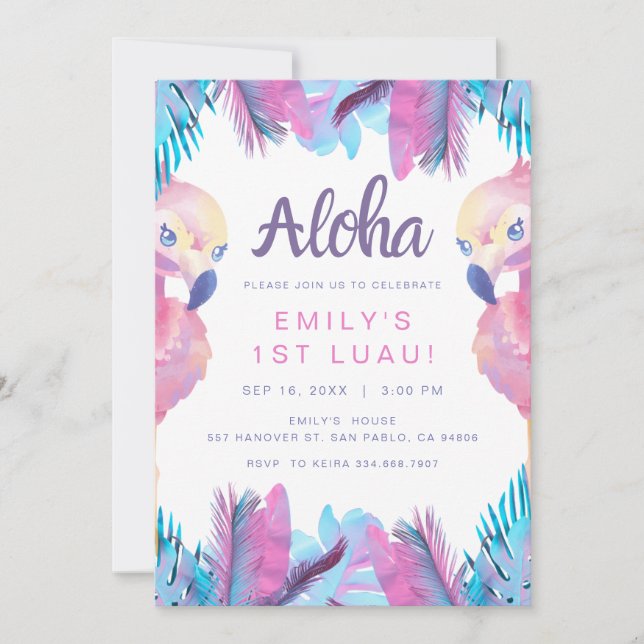 Tropical Flamingo Luau First Birthday invitation (Front)