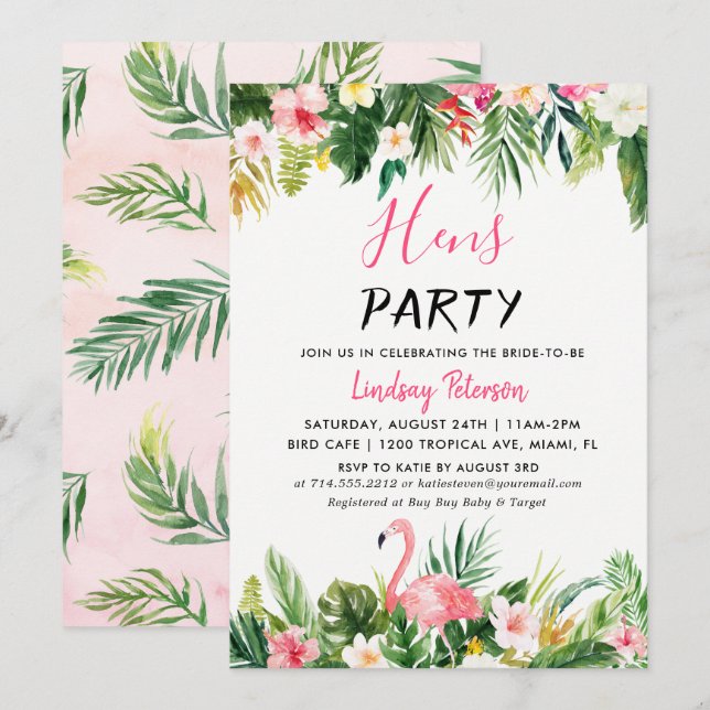 Tropical Flamingo Luau Hens Party Invitation Card (Front/Back)
