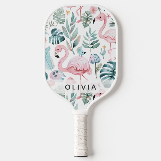 Tropical Flamingo Monstera Pattern Custom Name  Pickleball Paddle (Front)