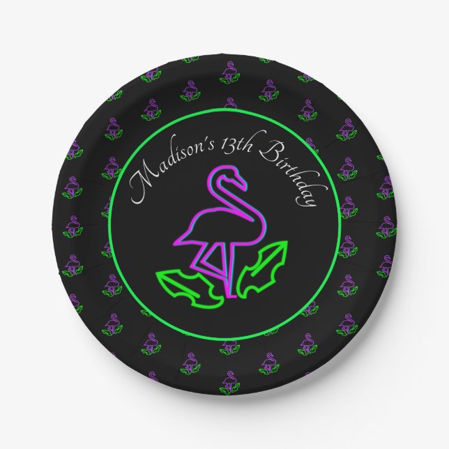 Tropical Flamingo Neon Party Glow Party Pink Paper Plate (Front)