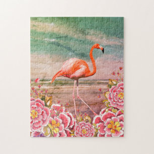 Tropical Flamingo on Beach w/ Pink Flowers Collage Jigsaw Puzzle