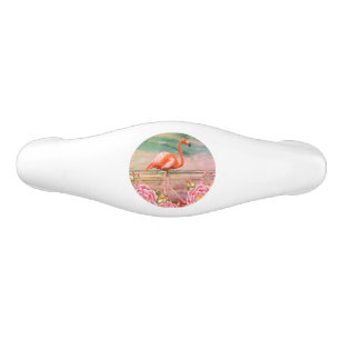 Tropical Flamingo on Beach w/ Pink Flowers Teal Ceramic Drawer Pull